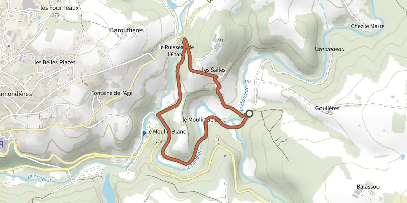 Carte du tracé de Boucle des Salles sur le Plan IGN, départ et points de passage numérotés