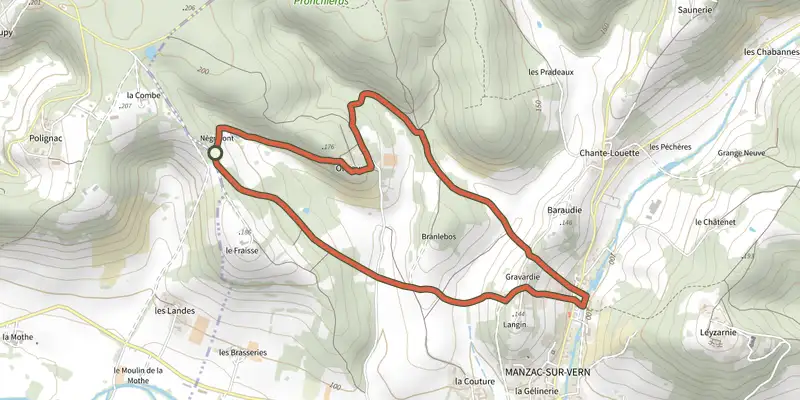 Carte du tracé de Boucle de Negrefont sur le Plan IGN, départ et points de passage numérotés