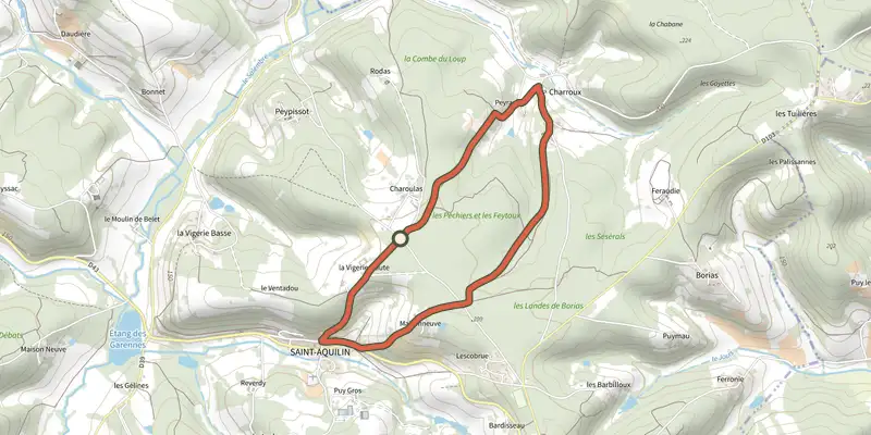 Map of the Promenade à charroux track on the IGN map, with the start and numbered waypoints
