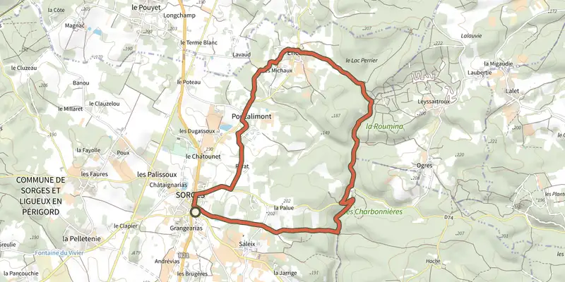 Carte du tracé de Boucle des Puits sur le Plan IGN, départ et points de passage numérotés