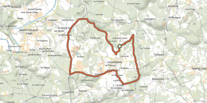 Carte du tracé de Boucle de Chourgnac d'ans sur le Plan IGN, départ et points de passage numérotés