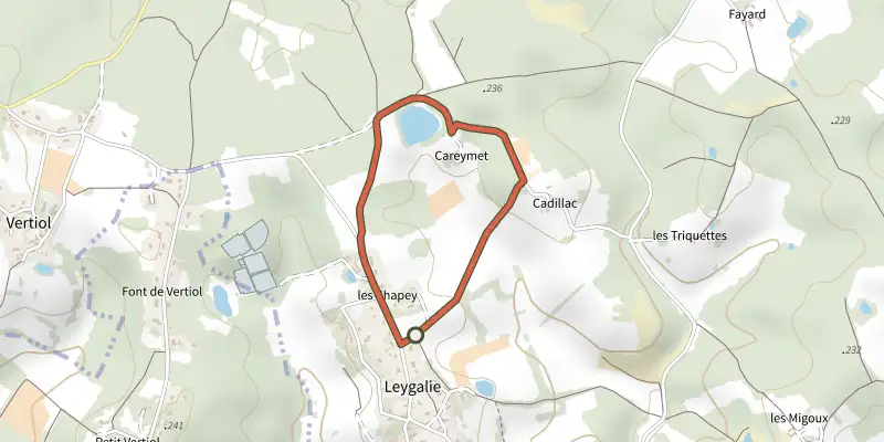 Carte du tracé de Boucle de Leygalie sur le Plan IGN, départ et points de passage numérotés