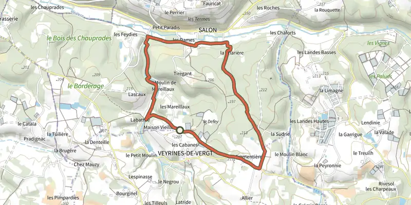 Carte du tracé de Boucle du Chemin Buissonnier sur le Plan IGN, départ et points de passage numérotés