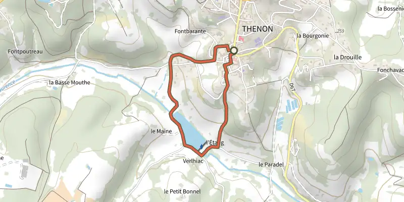 Carte du tracé de Boucle de l'Etang sur le Plan IGN, départ et points de passage numérotés