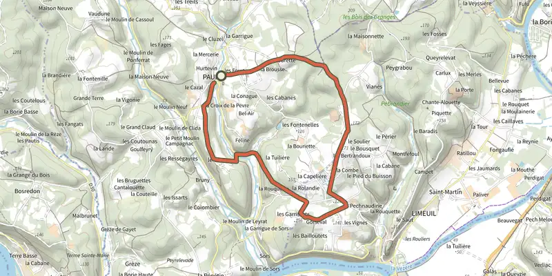 Carte du tracé de Boucles Des Bertrandoux sur le Plan IGN, départ et points de passage numérotés