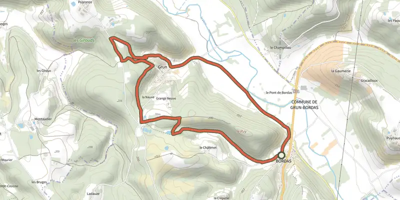 Map of the Boucle de Grun track on the IGN map, with the start and numbered waypoints