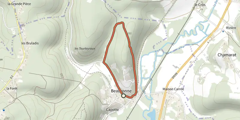 Map of the Boucle de Beauronne track on the IGN map, with the start and numbered waypoints