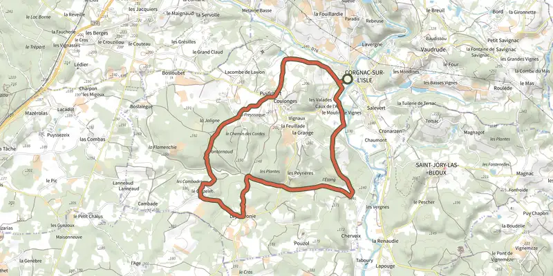 Map of the Boucle de Fontarnaud track on the IGN map, with the start and numbered waypoints