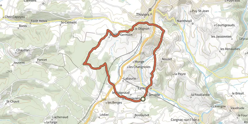 Carte du tracé de Boucle de St Pancrace sur le Plan IGN, départ et points de passage numérotés