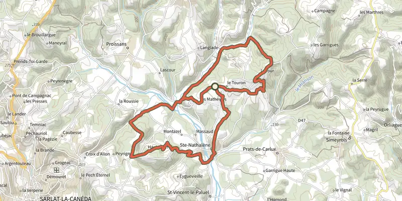 Carte du tracé de Boucle de Ste-Nathalène sur le Plan IGN, départ et points de passage numérotés