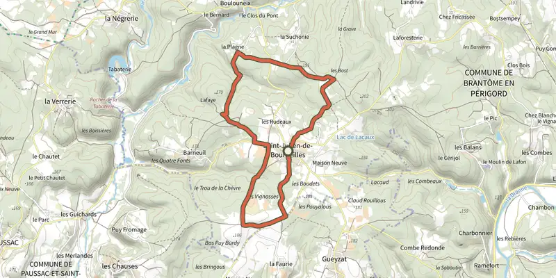 Carte du tracé de Boucle de Saint-Julien de Bourdeilles sur le Plan IGN, départ et points de passage numérotés