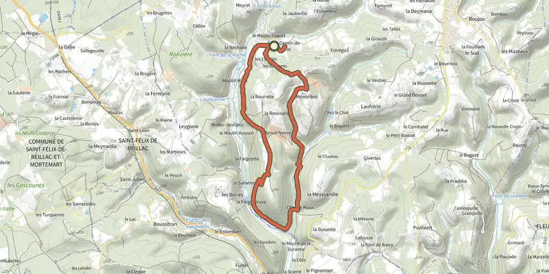 Carte du tracé de Boucle de Saint Cernin sur le Plan IGN, départ et points de passage numérotés