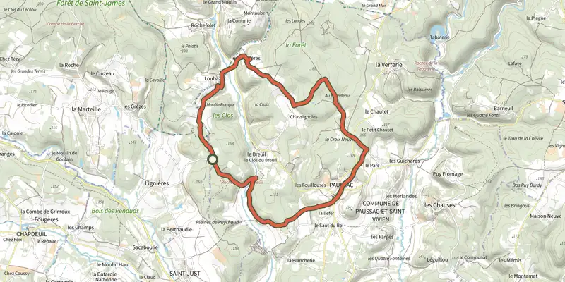 Carte du tracé de Boucle de La Peyre Dermale sur le Plan IGN, départ et points de passage numérotés