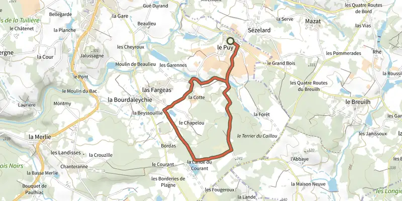 Carte du tracé de Boucle du Puy sur le Plan IGN, départ et points de passage numérotés
