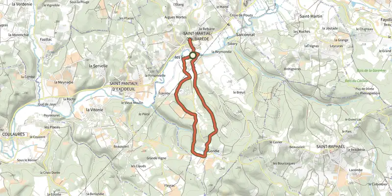 Map of the Boucle des Farges la Gondie track on the IGN map, with the start and numbered waypoints