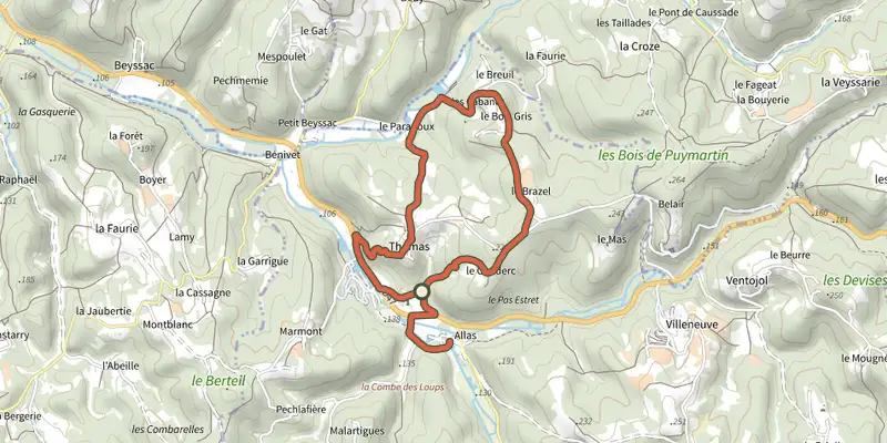 Carte du tracé de Boucle des Feuillardiers sur le Plan IGN, départ et points de passage numérotés