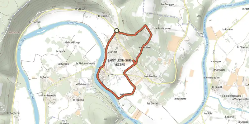 Carte du tracé de Boucle du Tour de Saint-Léon sur le Plan IGN, départ et points de passage numérotés