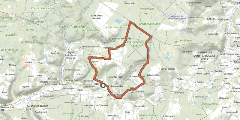 Map of the Boucle de Bouillac track on the IGN map, with the start and numbered waypoints