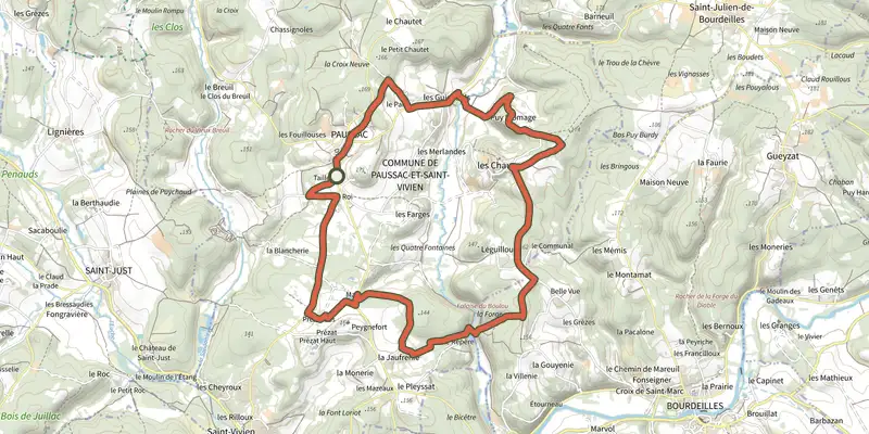 Carte du tracé de Boucle du Boulou sur le Plan IGN, départ et points de passage numérotés