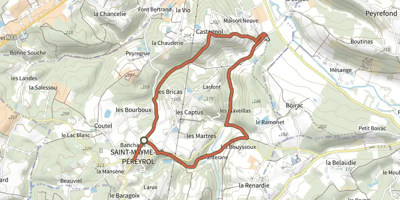 Carte du tracé de Boucle Saint Maymoise sur le Plan IGN, départ et points de passage numérotés