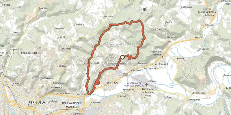 Carte du tracé de Boucle de Caussade sur le Plan IGN, départ et points de passage numérotés