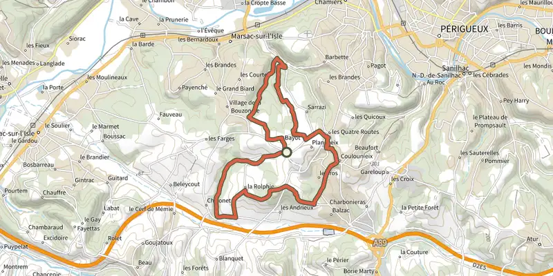 Carte du tracé de Boucle des Bois et Demeures sur le Plan IGN, départ et points de passage numérotés