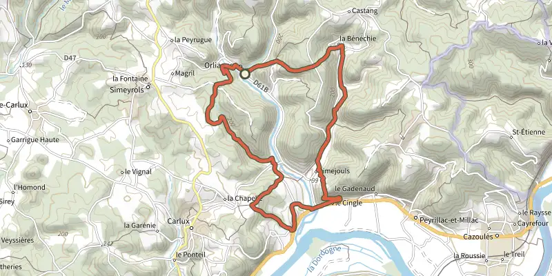 Carte du tracé de Boucle d'Orliaguet sur le Plan IGN, départ et points de passage numérotés