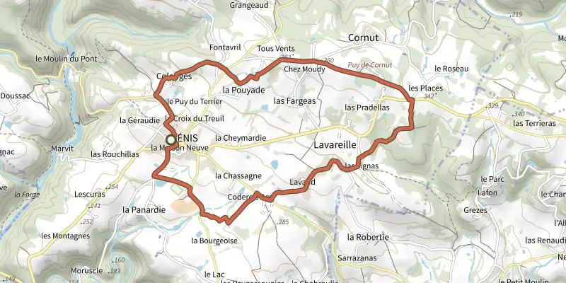 Carte du tracé de Boucle des Côteaux et des Gorges sur le Plan IGN, départ et points de passage numérotés