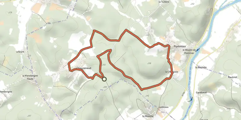 Carte du tracé de Boucle des Anciens Villages sur le Plan IGN, départ et points de passage numérotés