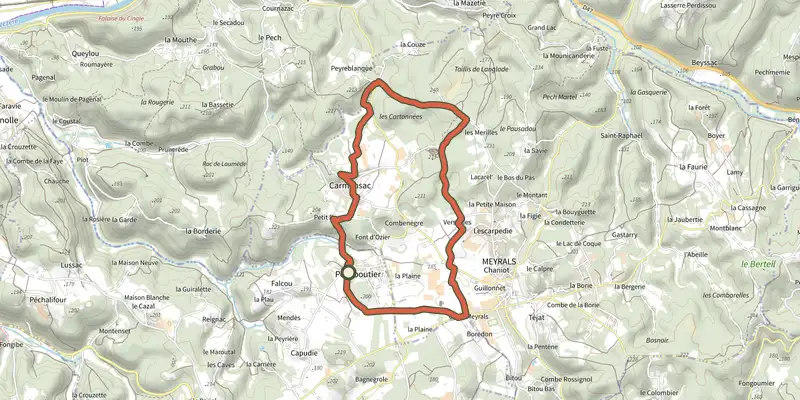 Carte du tracé de Boucle de Carmensac sur le Plan IGN, départ et points de passage numérotés