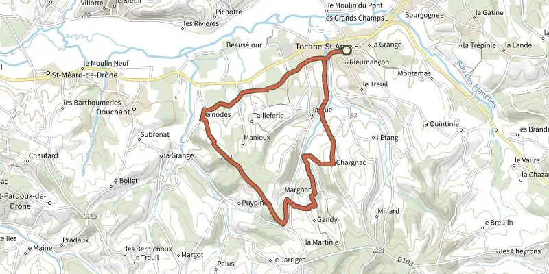Carte du tracé de Boucle des Tours de Vernode sur le Plan IGN, départ et points de passage numérotés