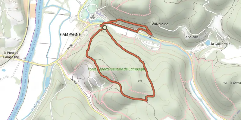 Carte du tracé de Boucle de la forêt sud sur le Plan IGN, départ et points de passage numérotés