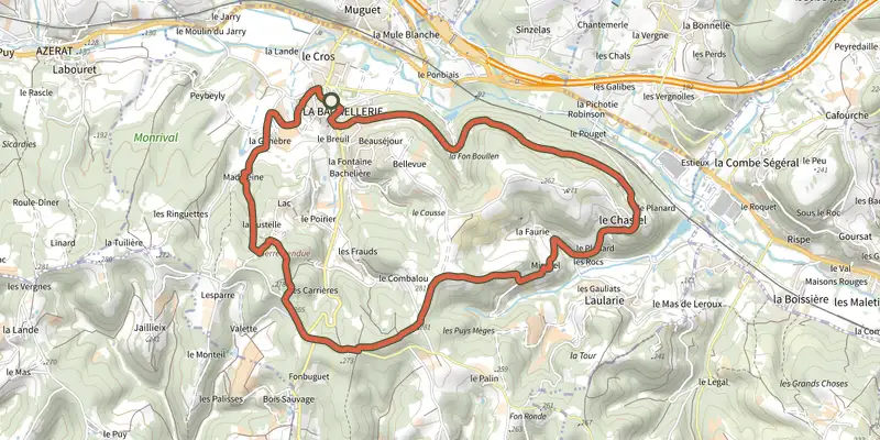 Map of the Boucle autour de la Bachellerie track on the IGN map, with the start and numbered waypoints