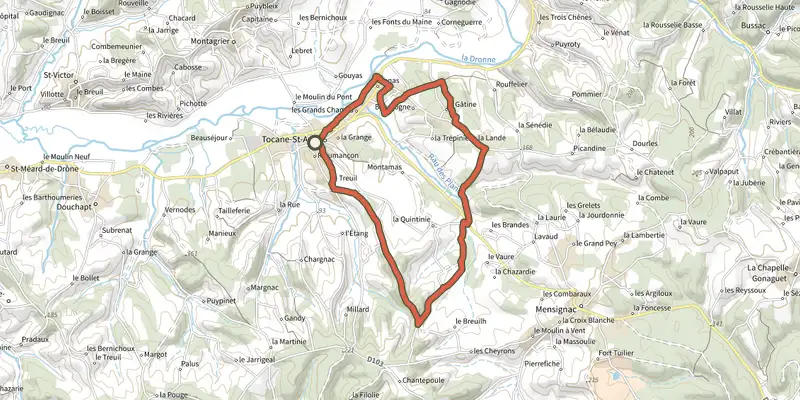 Map of the Boucle des Grillaudes track on the IGN map, with the start and numbered waypoints
