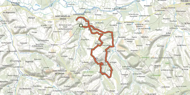 Carte du tracé de Boucle des Fontaines sur le Plan IGN, départ et points de passage numérotés