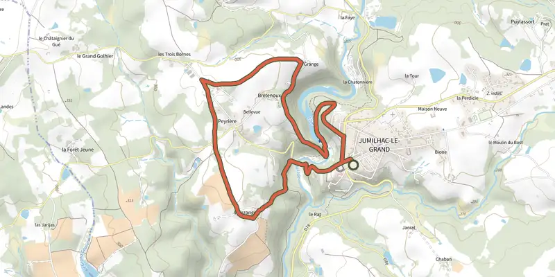 Carte du tracé de Boucle de la Grange sur le Plan IGN, départ et points de passage numérotés