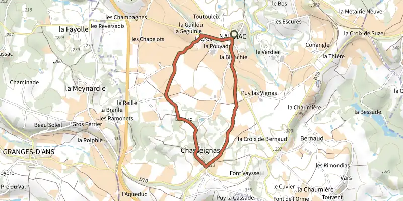 Map of the Boucle de Nailhac track on the IGN map, with the start and numbered waypoints