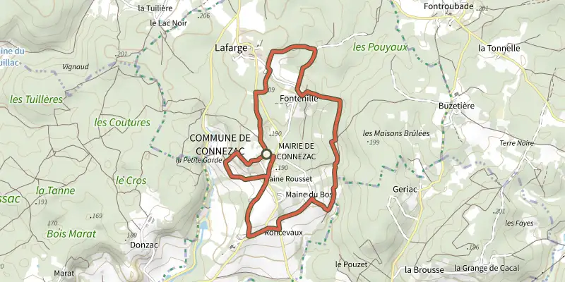 Map of the Boucle de Connezac track on the IGN map, with the start and numbered waypoints