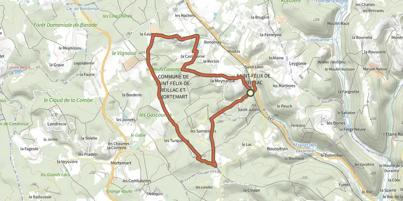 Carte du tracé de Boucle de Saint-Félix (version courte) sur le Plan IGN, départ et points de passage numérotés