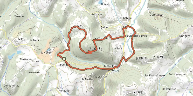 Carte du tracé de Boucle du Village Rouge sur le Plan IGN, départ et points de passage numérotés