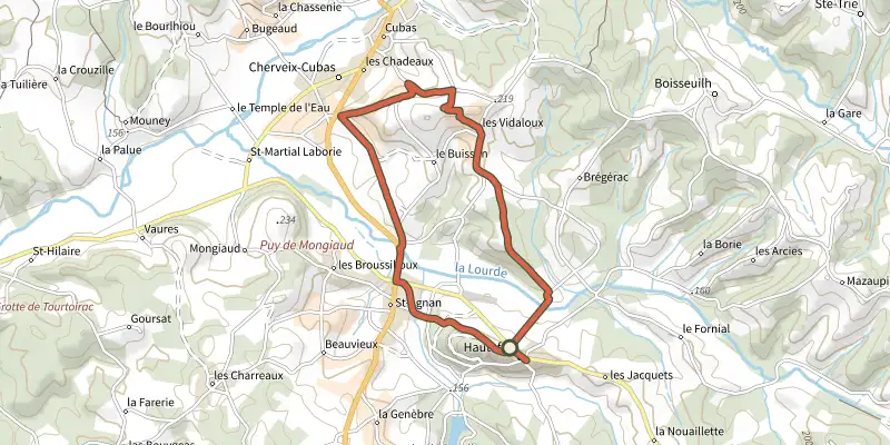 Map of the Boucle de Hautefort track on the IGN map, with the start and numbered waypoints