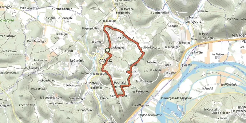 Carte du tracé de Boucle de Carlux sur le Plan IGN, départ et points de passage numérotés