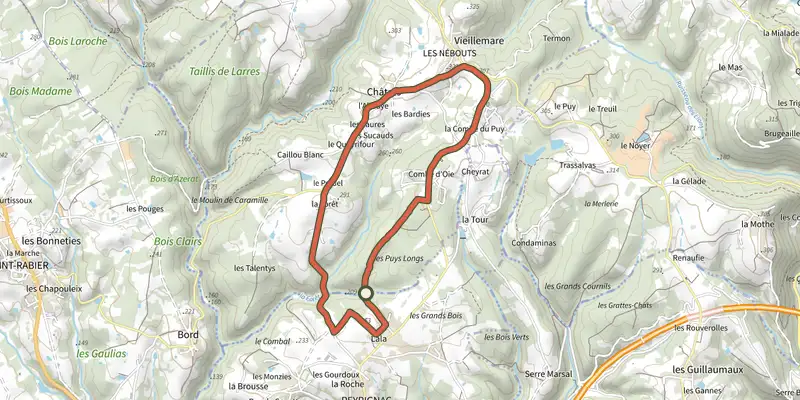 Carte du tracé de Boucle des Puys Longs sur le Plan IGN, départ et points de passage numérotés