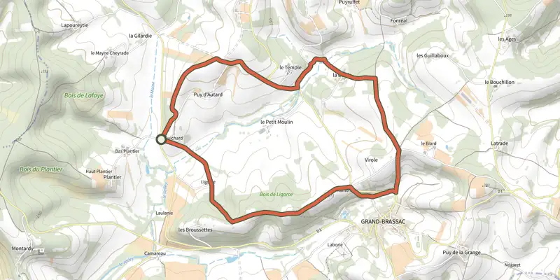 Map of the Boucle du Bois de Ligorce track on the IGN map, with the start and numbered waypoints