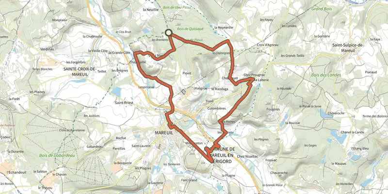 Carte du tracé de Boucle du Chateau sur le Plan IGN, départ et points de passage numérotés