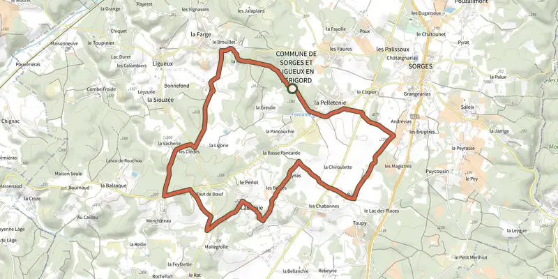 Carte du tracé de Boucle des Châteaux sur le Plan IGN, départ et points de passage numérotés