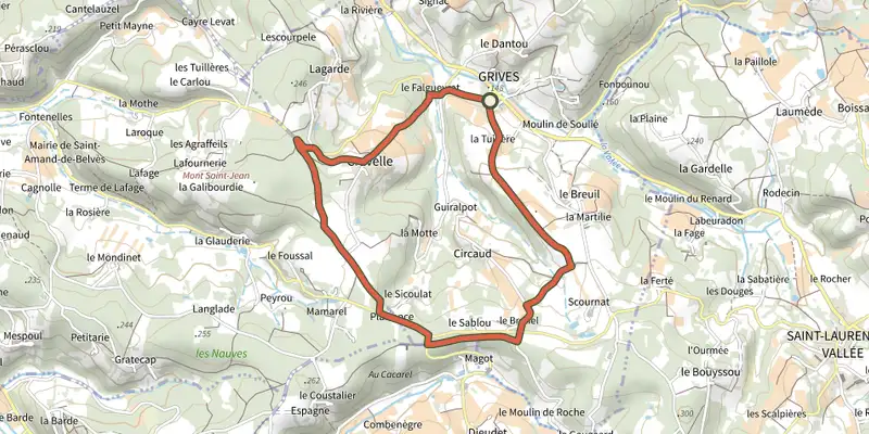 Map of the Boucle de Grives track on the IGN map, with the start and numbered waypoints