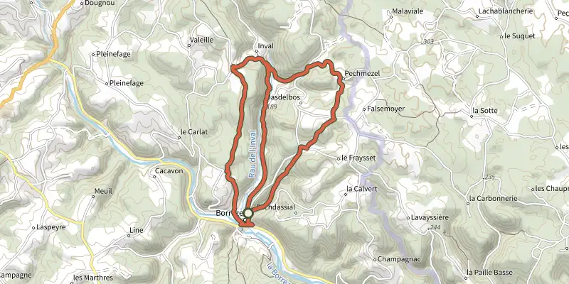 Carte du tracé de Boucle de Borrèze sur le Plan IGN, départ et points de passage numérotés