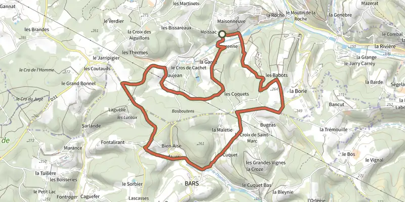 Map of the Boucle de Bosbouten track on the IGN map, with the start and numbered waypoints