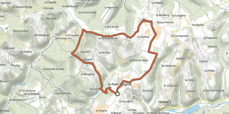 Map of the Boucle du Pech Malat track on the IGN map, with the start and numbered waypoints